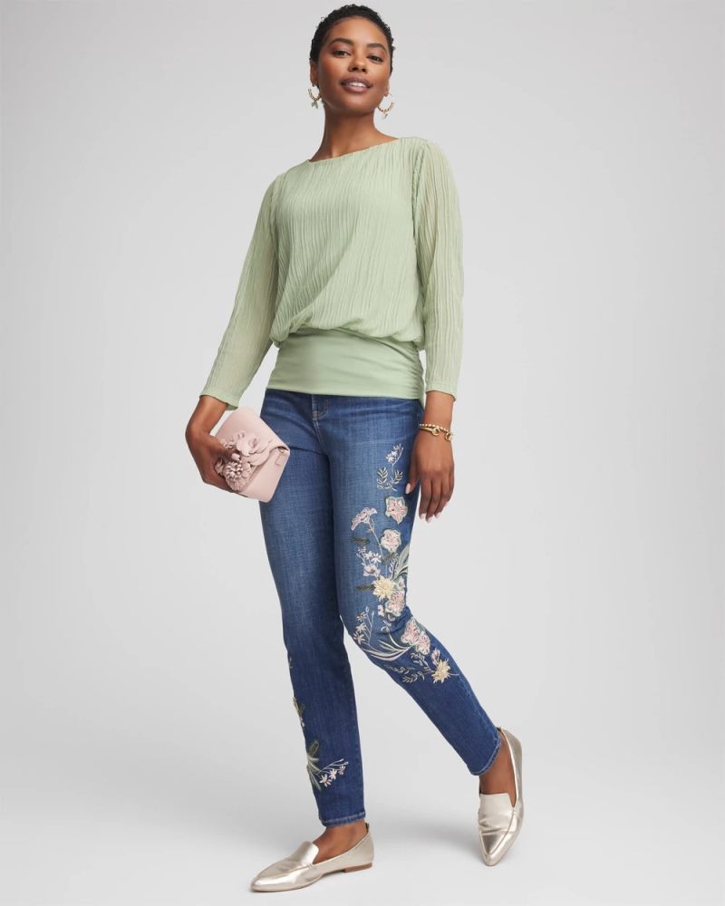 Chicos Appliqué Girlfriend Slim Ankle Jeans - DRAGON ROAD INDIGO