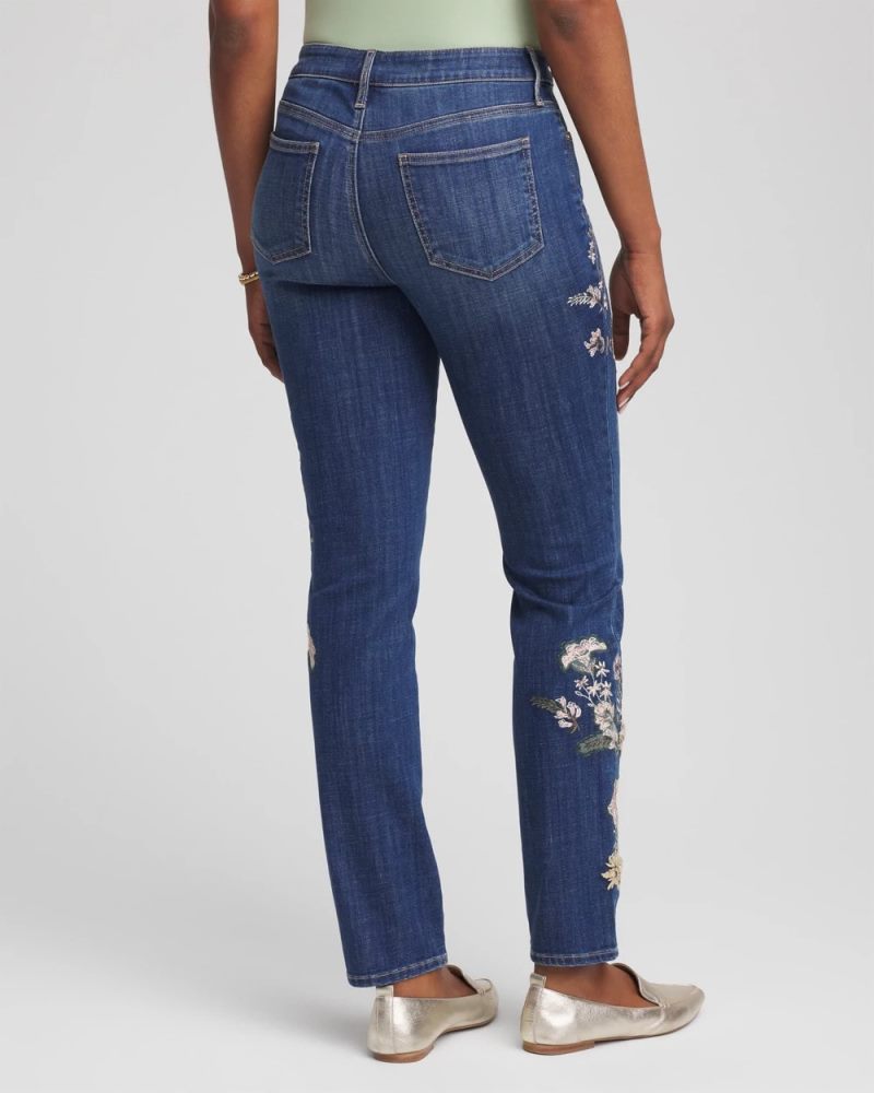 Chicos Appliqué Girlfriend Slim Ankle Jeans - DRAGON ROAD INDIGO