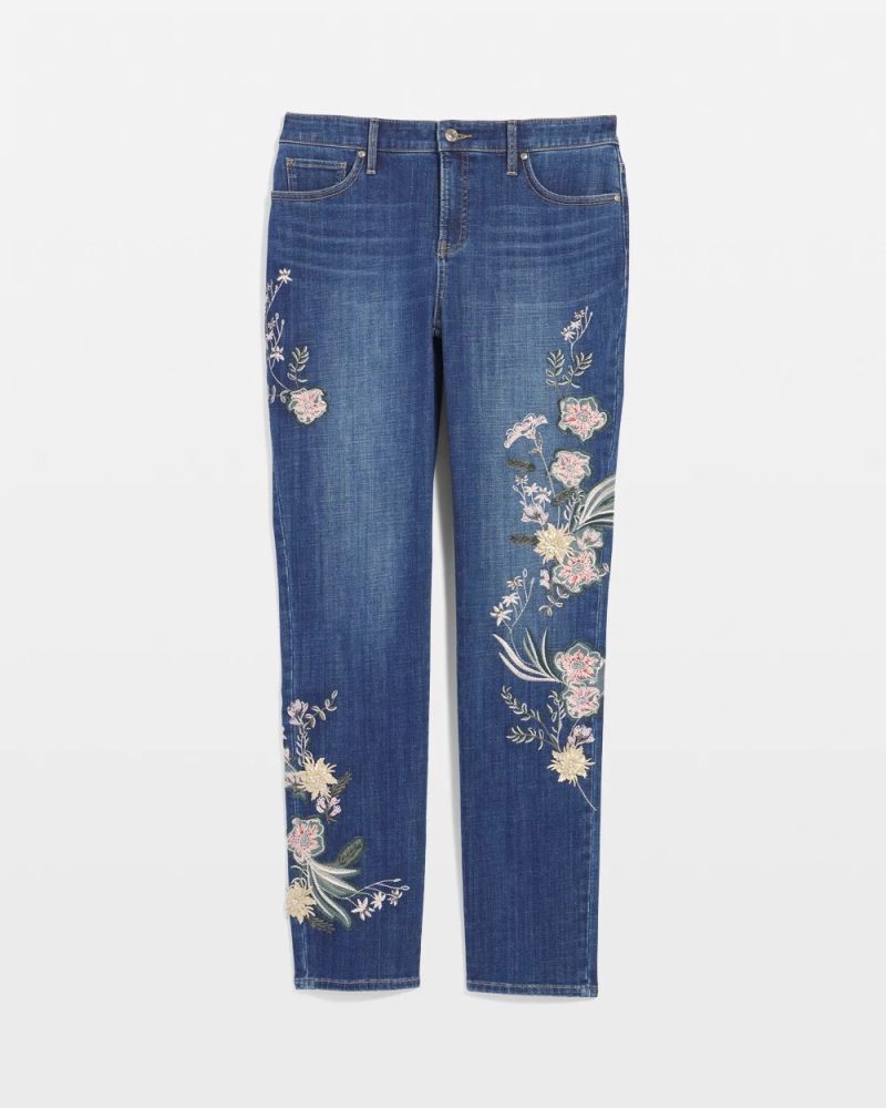 Chicos Appliqué Girlfriend Slim Ankle Jeans - DRAGON ROAD INDIGO