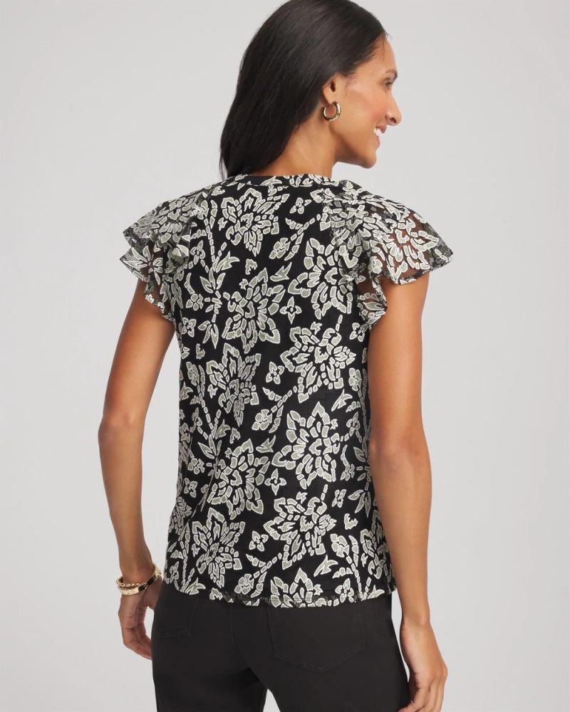 Chicos Lace Floral-Burnout Henley Tee - BLACK