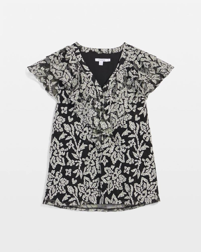 Chicos Lace Floral-Burnout Henley Tee - BLACK