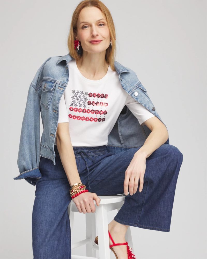 Chicos Flag Embellished Knit Tee - ALABASTER