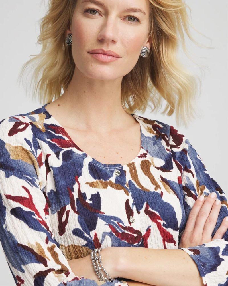 Chicos Printed Textured Scoopneck Cardigan - ECRU