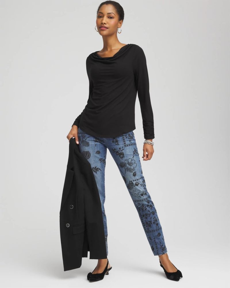 Chicos Cowlneck Long-Sleeved Tee - BLACK