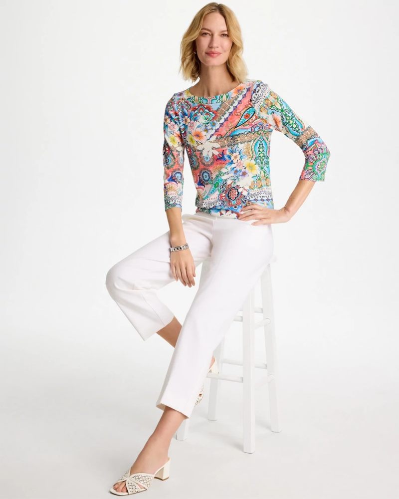 Chicos PrintedPima 3/4 Sleeve Tee - HOT HONEYSUCKLE