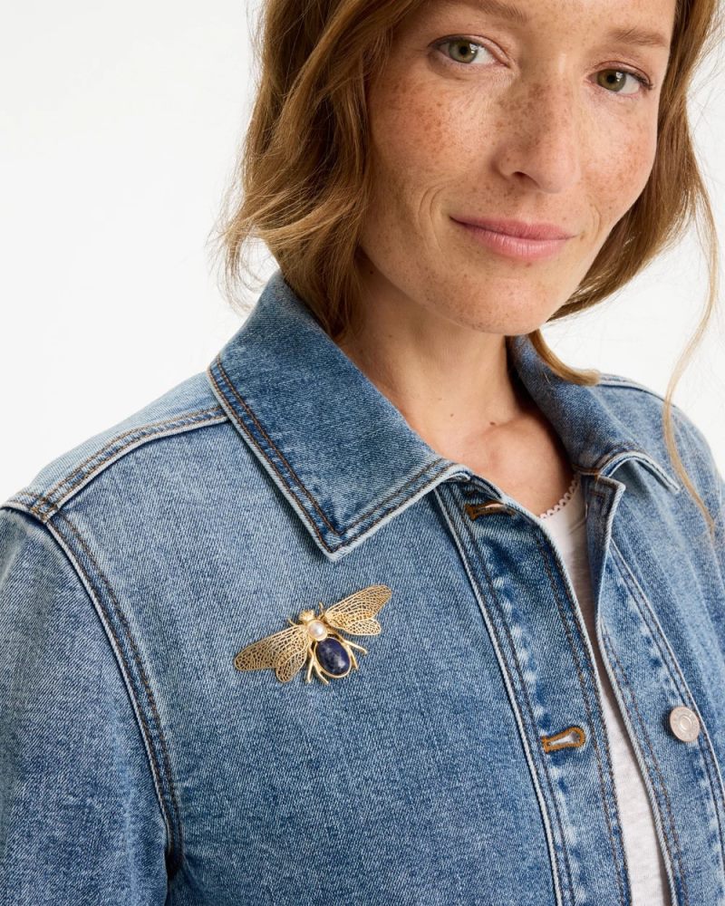 Chicos Sodalite Stone Pearl Bee Brooch - BLUE