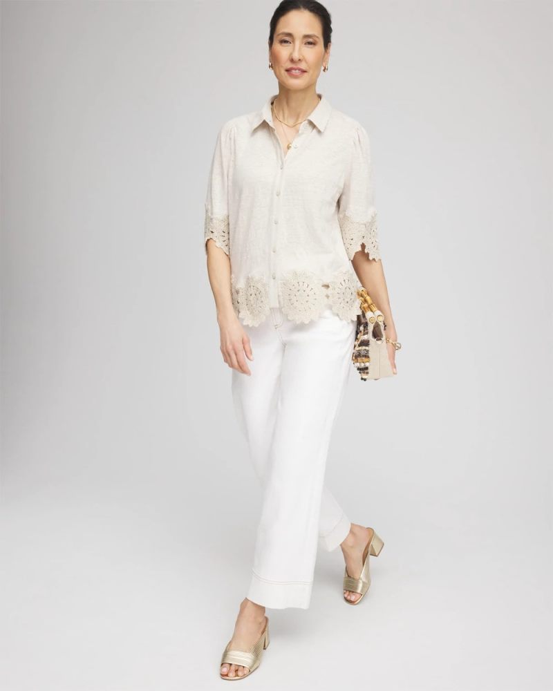 Chicos Crochet Trim Linen Shirt - RIVER ROCK