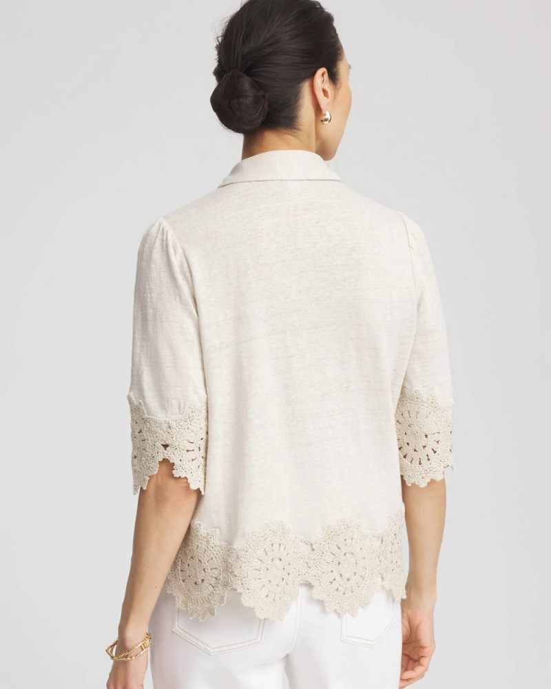 Chicos Crochet Trim Linen Shirt - RIVER ROCK