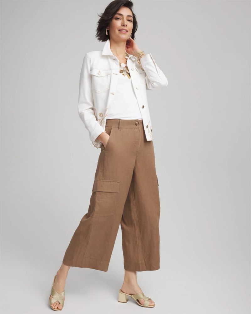 Chicos Linen Cargo Wide-Leg Cropped Pants - TEAKWOOD