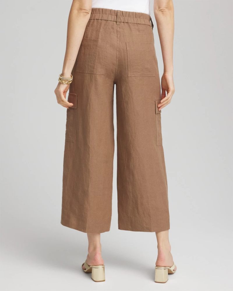 Chicos Linen Cargo Wide-Leg Cropped Pants - TEAKWOOD