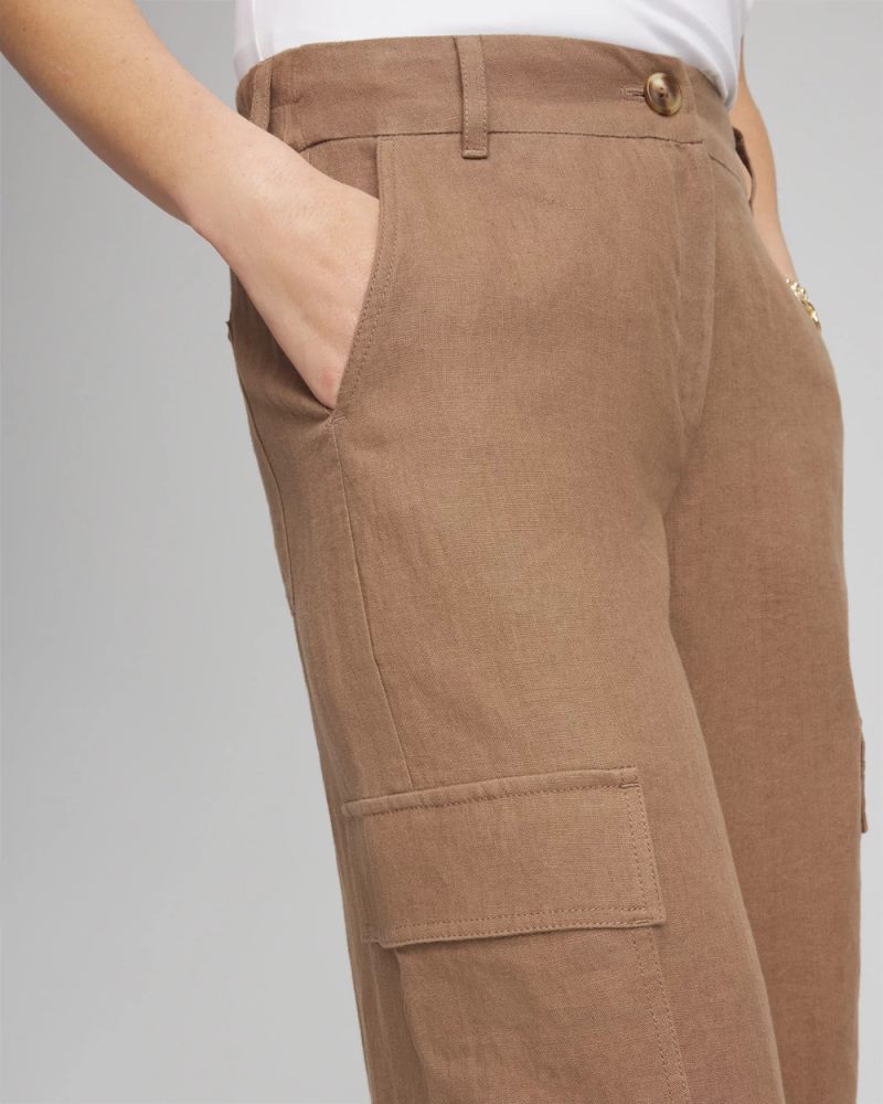 Chicos Linen Cargo Wide-Leg Cropped Pants - TEAKWOOD