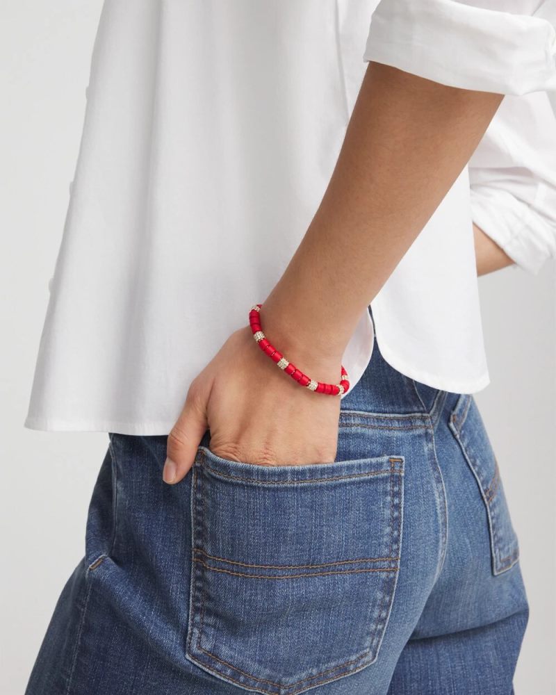 Chicos Red Barrel Bead Stretch Bracelet - RED
