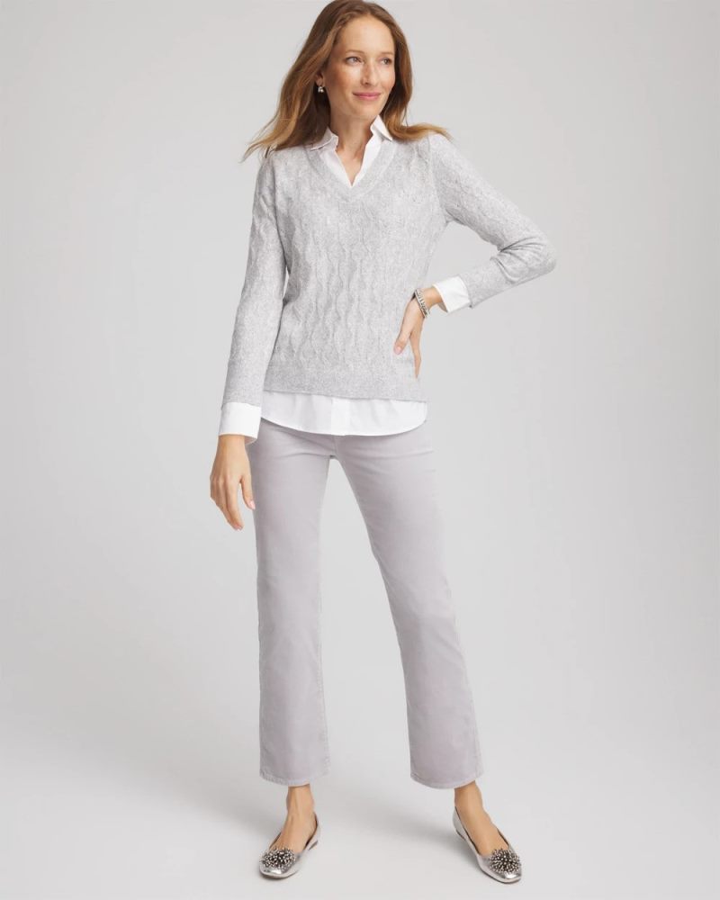 Chicos Classic Built-In Shirt Knit Sweater - CLASSIC GRAY