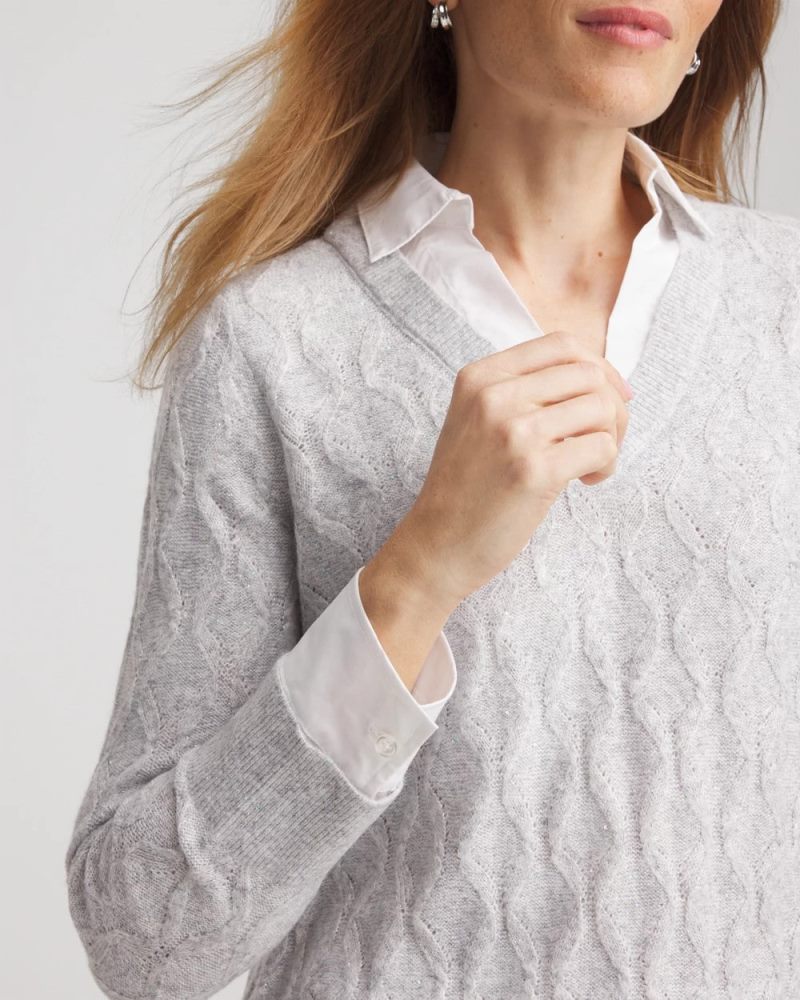 Chicos Classic Built-In Shirt Knit Sweater - CLASSIC GRAY