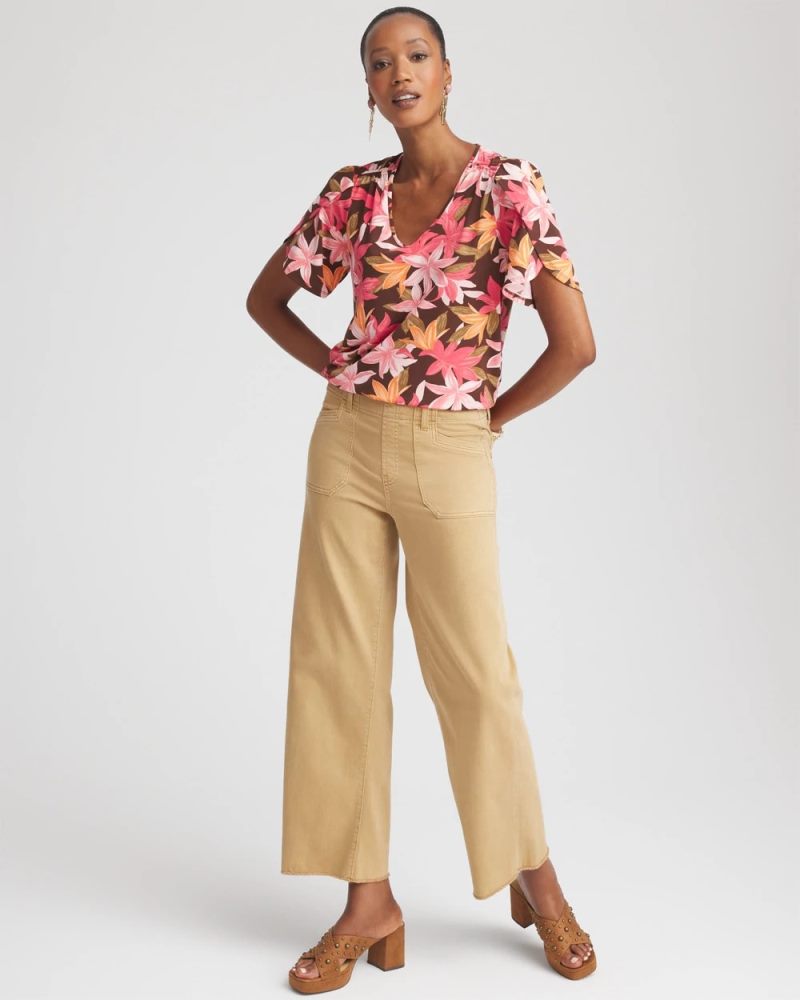Chicos Floral Petal-Sleeve Voop Neck Tee - CACAO