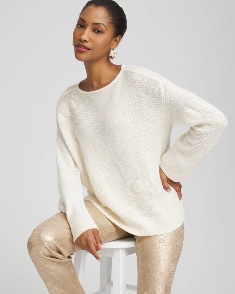 Chicos Tonal Embroidered Boatneck Pullover Sweater - ENGLISH CREAM