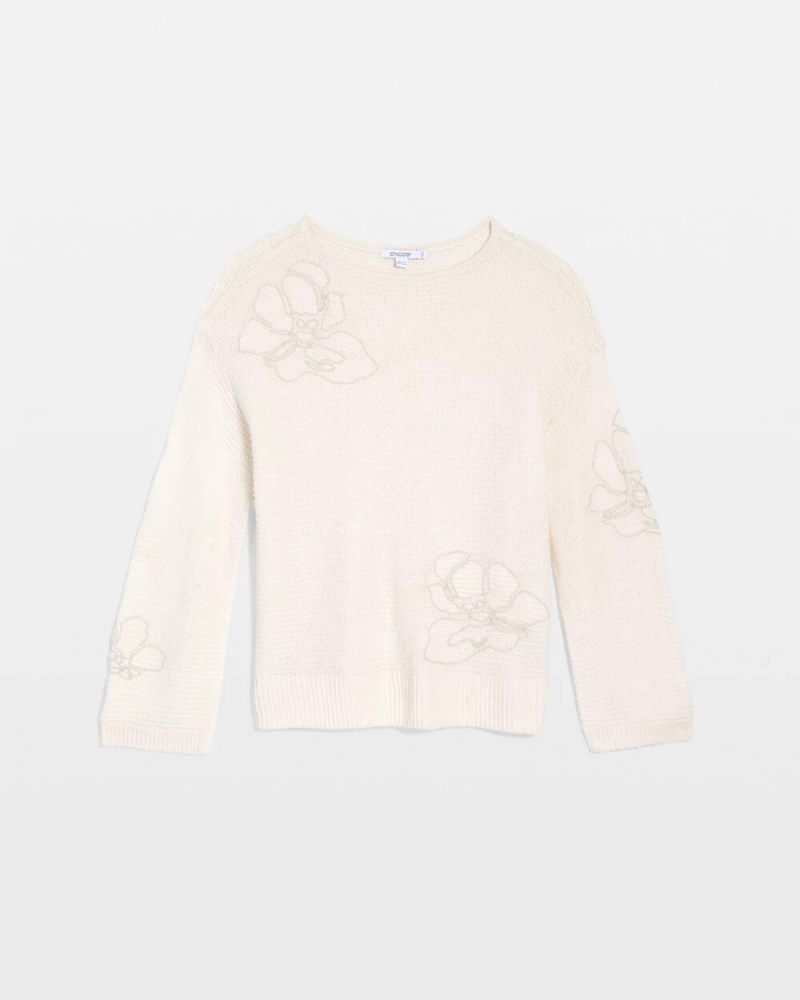 Chicos Tonal Embroidered Boatneck Pullover Sweater - ENGLISH CREAM