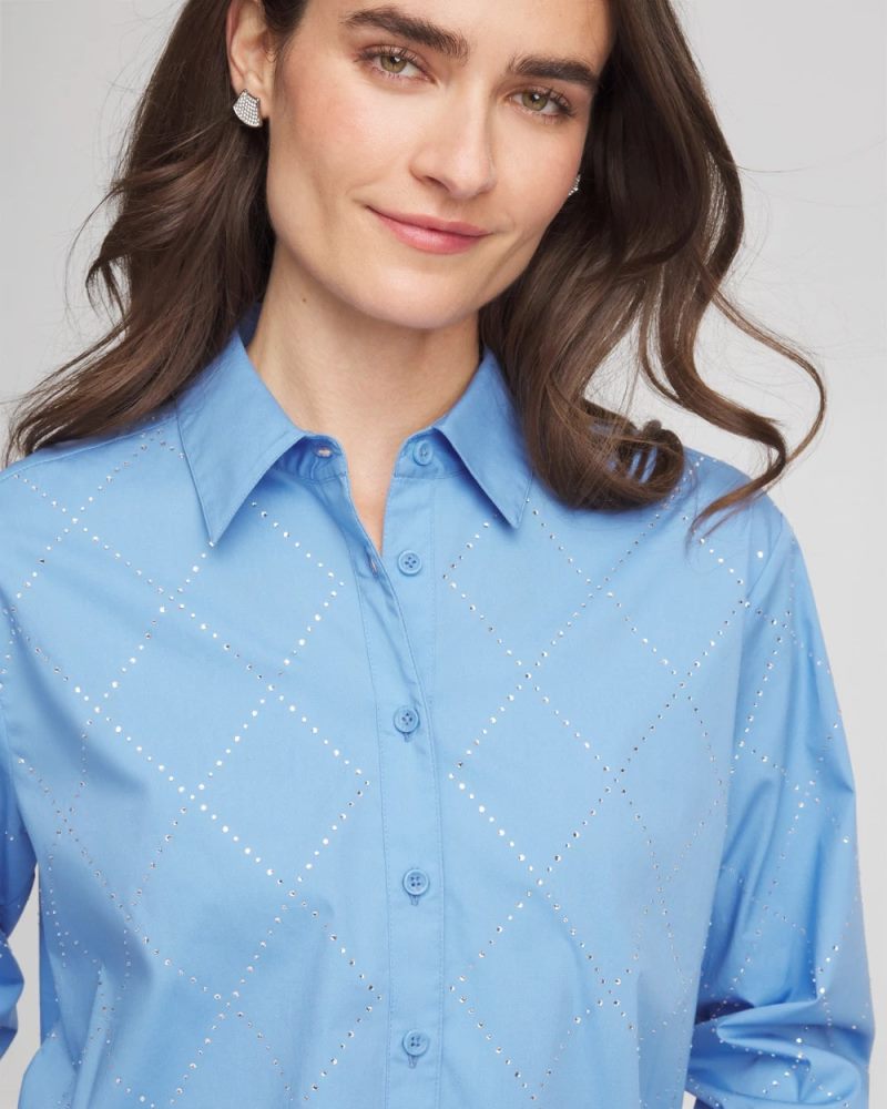 Chicos Embellished Stretch Cotton Collared Shirt - TIDAL BLUE