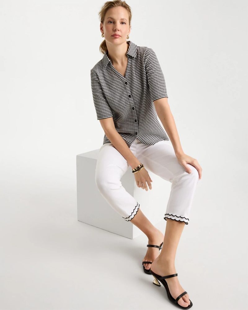 Chicos Gingham Textured Camp Tee - BLACK