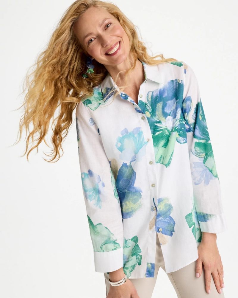 Chicos No Iron Printed Linen Shirt - PASSPORT BLUE