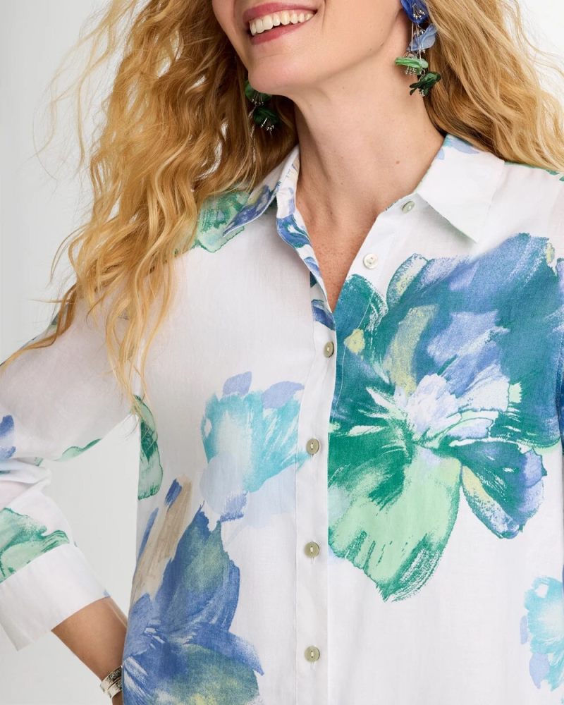 Chicos No Iron Printed Linen Shirt - PASSPORT BLUE