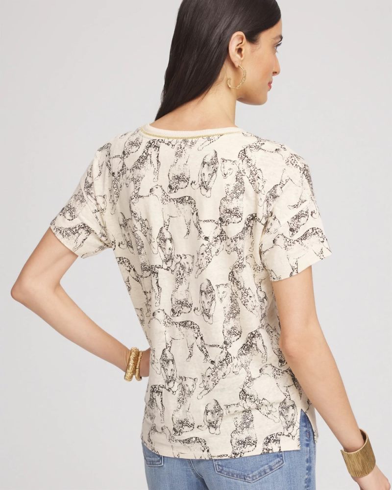 Chicos Panther Sweater-Trim Linen Tee - GLISTENING SAND
