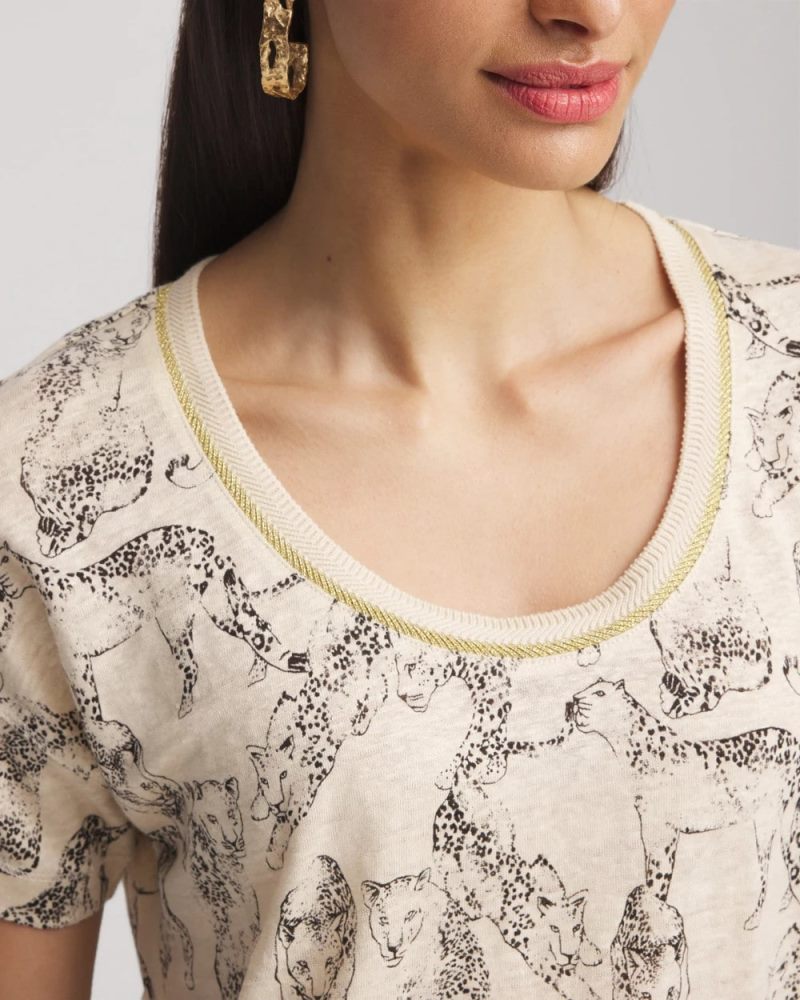 Chicos Panther Sweater-Trim Linen Tee - GLISTENING SAND