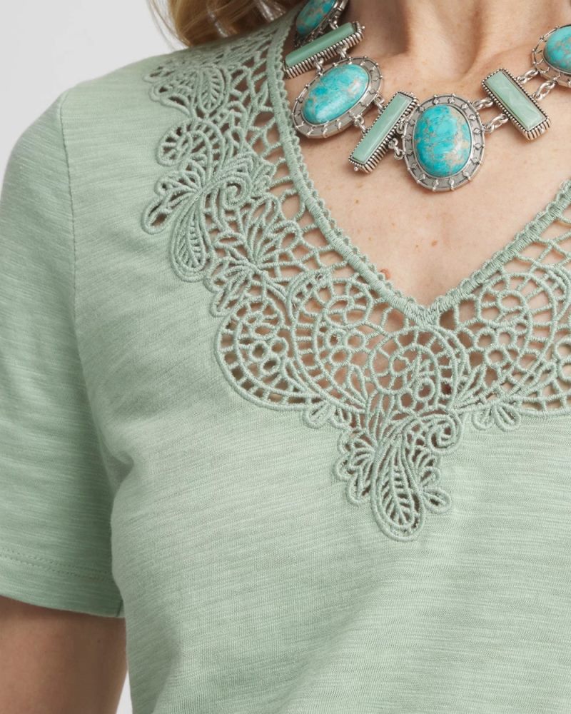 Chicos Lace V-Neck Slub Tee - MOROCCAN MINT