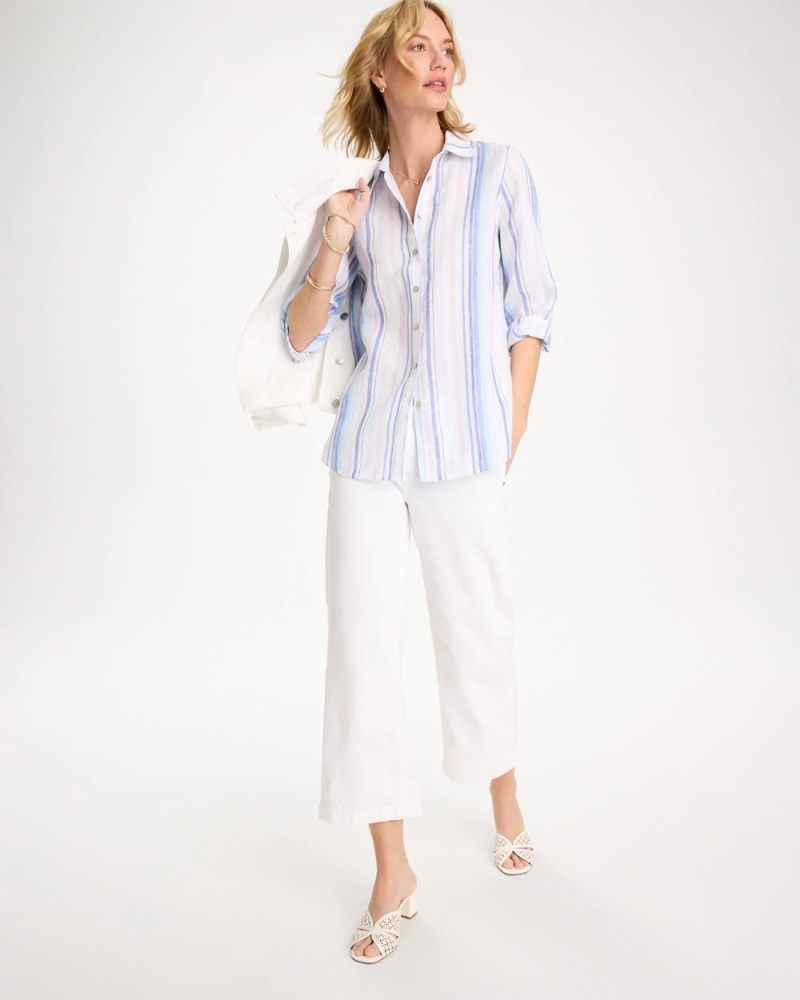 Chicos No Iron Linen Striped Shirt - AMPARO BLUE