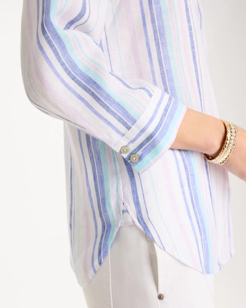 Chicos No Iron Linen Striped Shirt - AMPARO BLUE