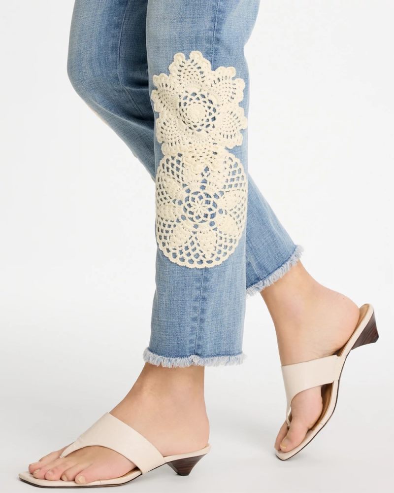 Chicos Girlfriend Slim Crochet Fray Ankle Jeans - CORAL REEF INDIGO