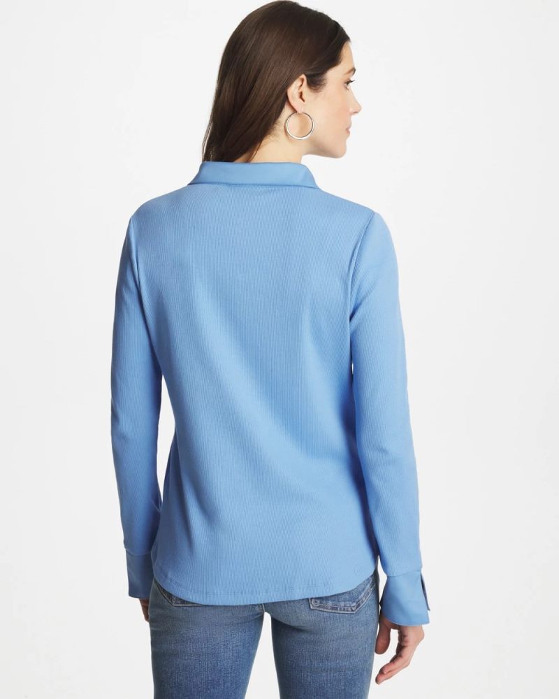 Chicos Knit Woven Mix Rib Henley - TIDAL BLUE