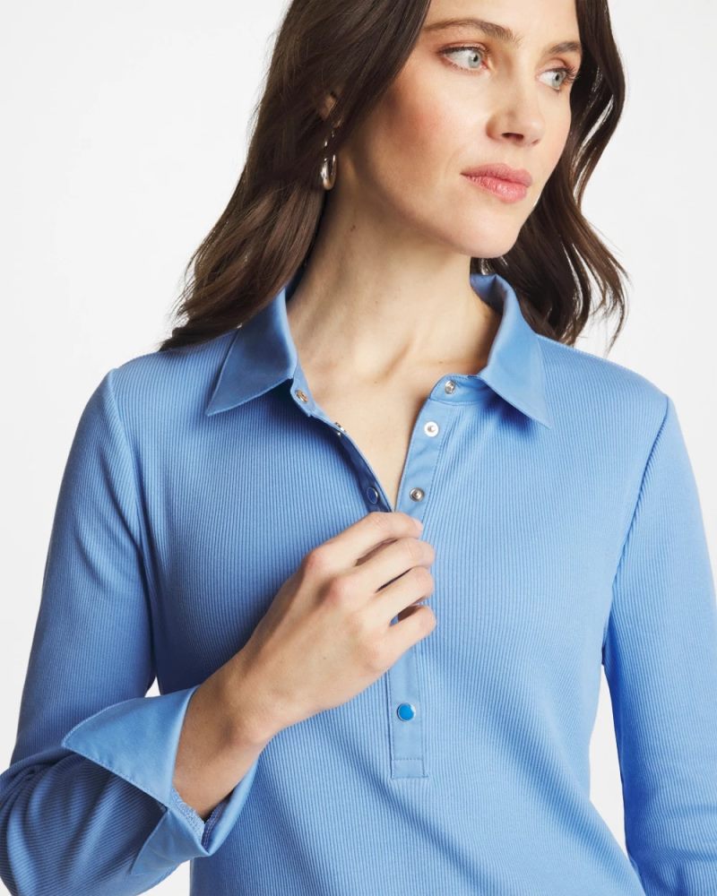 Chicos Knit Woven Mix Rib Henley - TIDAL BLUE