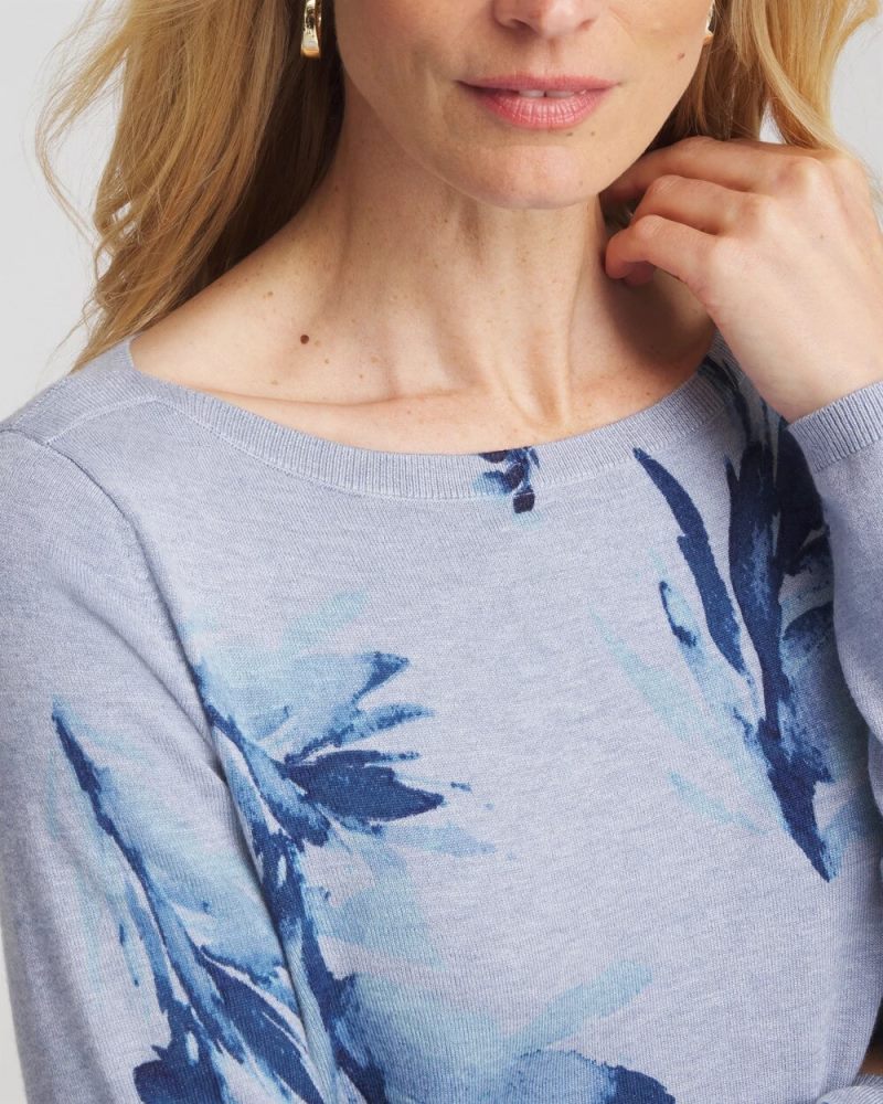 Chicos Ella Painterly Bateau Pullover Sweater - PASSPORT BLUE
