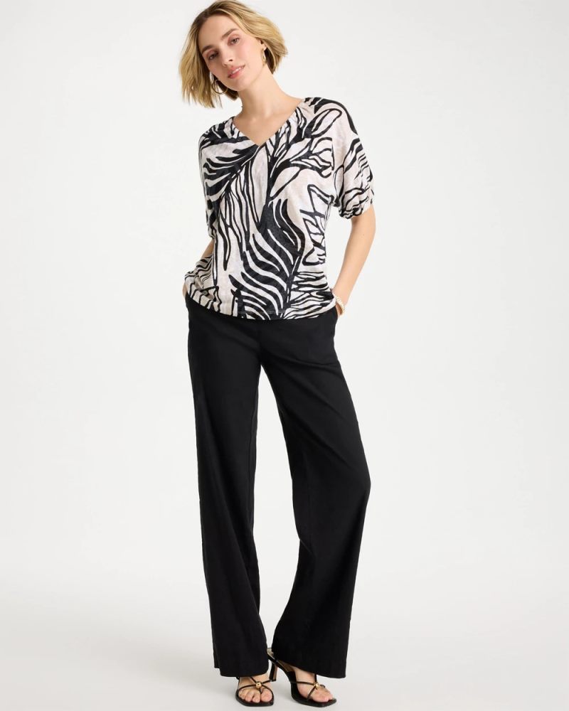 Chicos Tropical Nights Linen Ruched V-Neck Tee - SMOKEY TAUPE