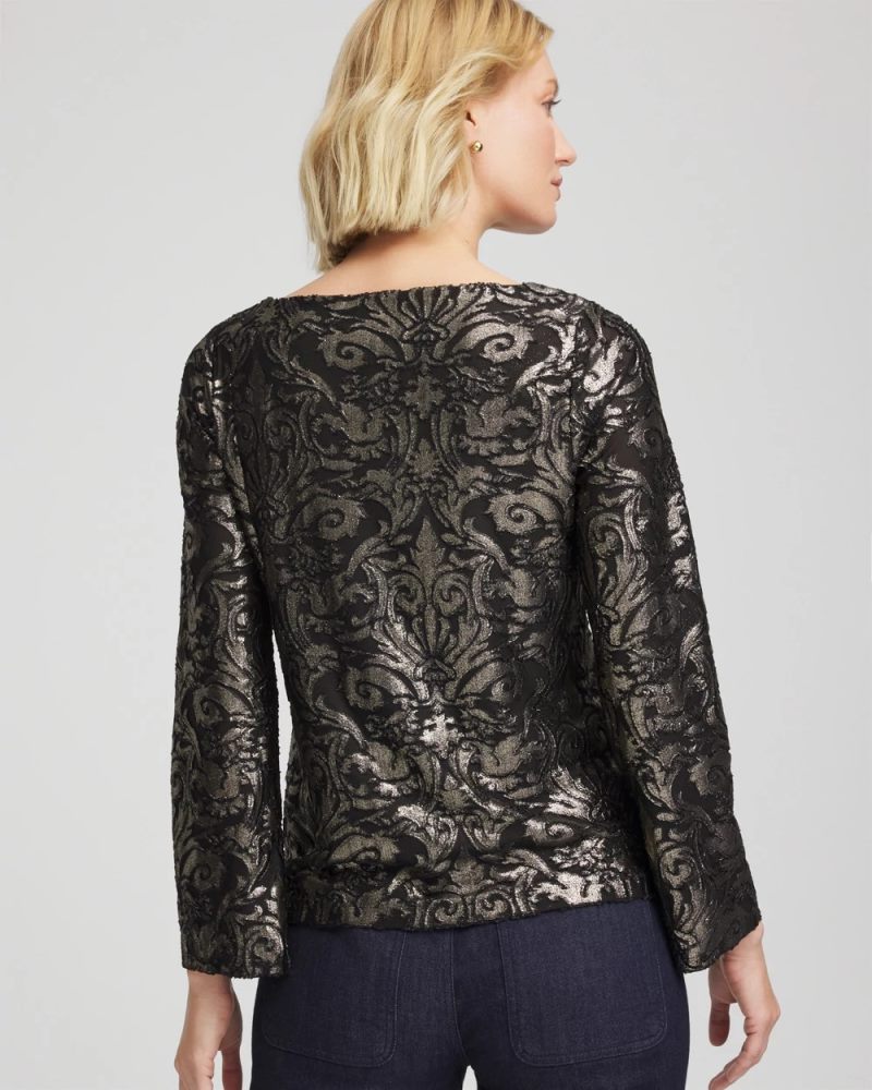 Chicos Art Deco Burnout Jacquard Top - BLACK