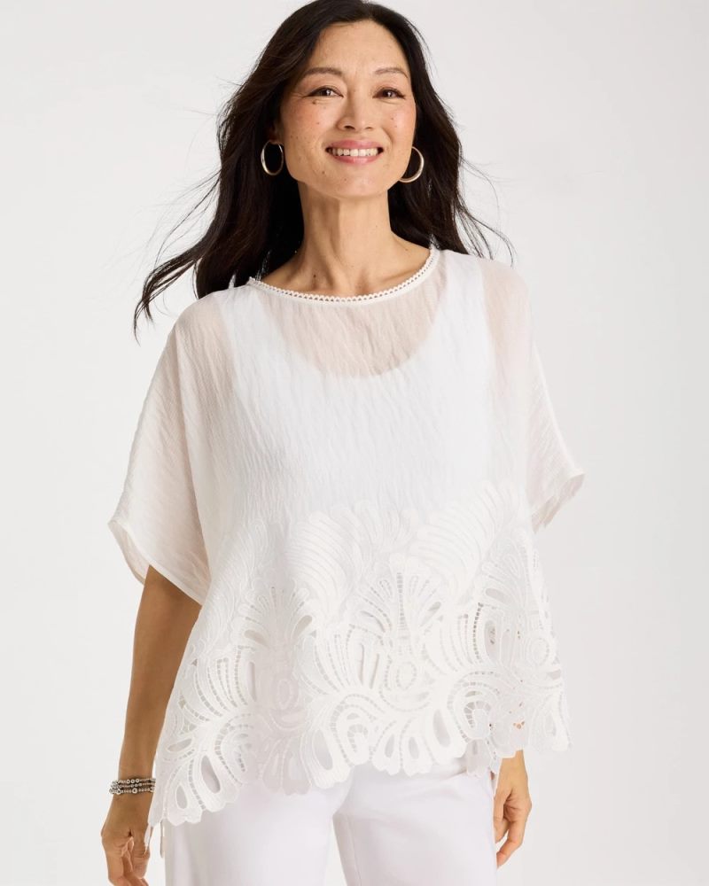 Chicos Crochet Lace Hem Poncho - ALABASTER