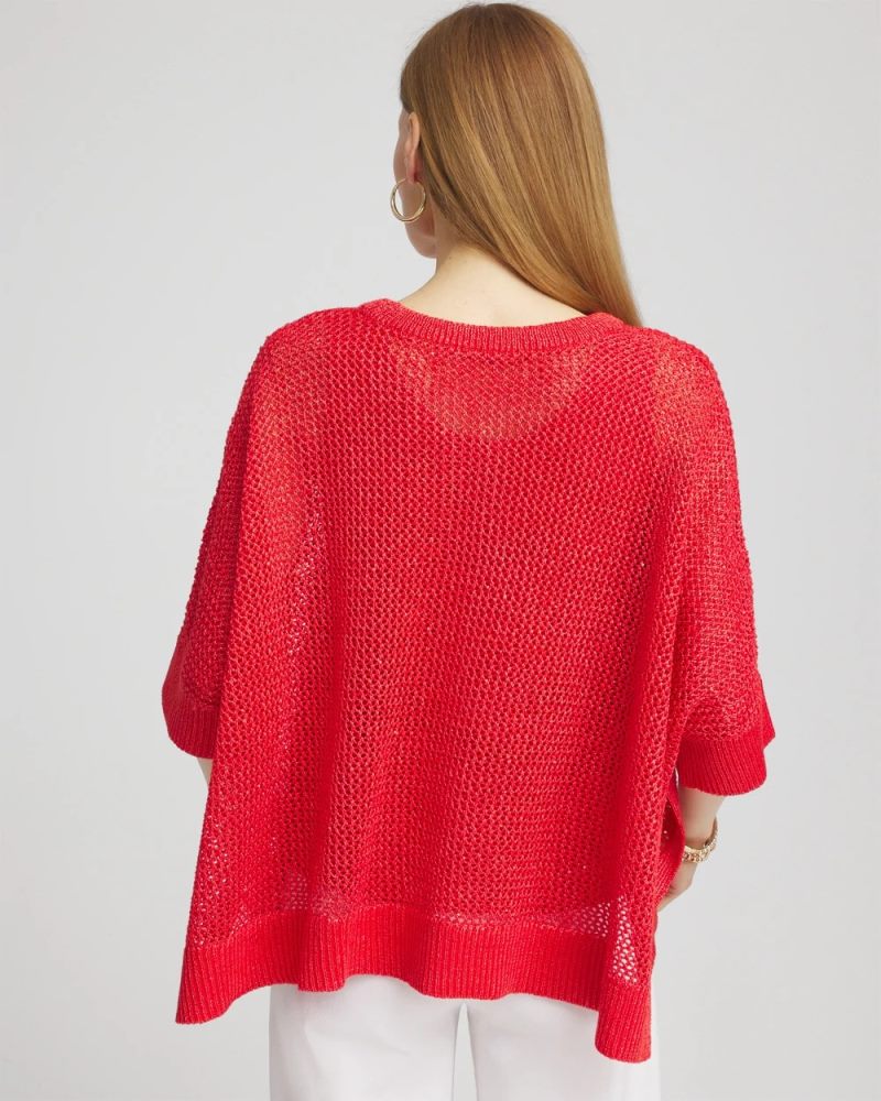 Chicos Sequin Open Knit Poncho - RED GLOW