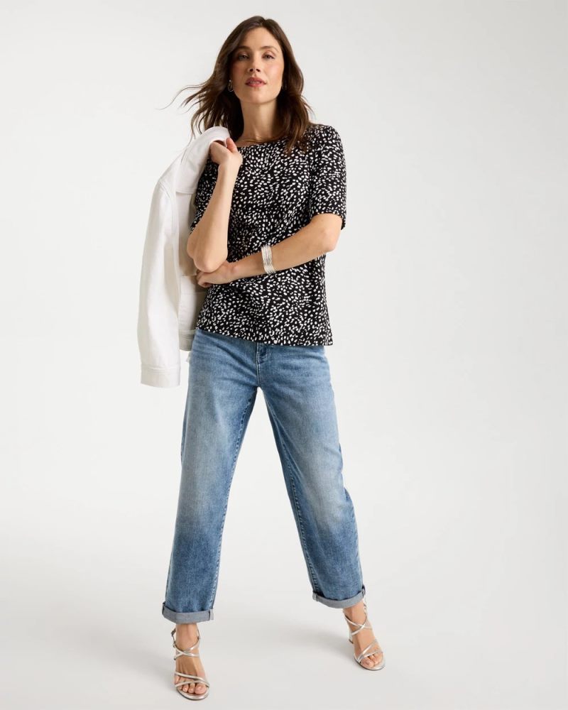 Chicos Printed Pima Elbow Sleeve Tee - BLACK