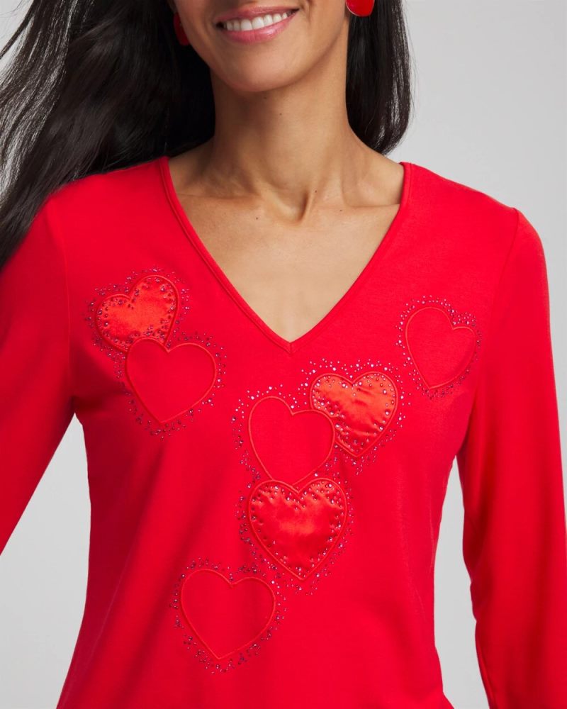 Chicos Embellished Heart V-Neck Tee - LOVE LETTER RED