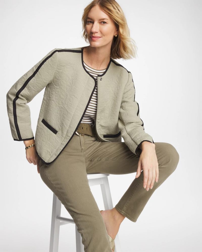 Chicos Collarless Quilted Box Jacket - SEAGRASS GREEN