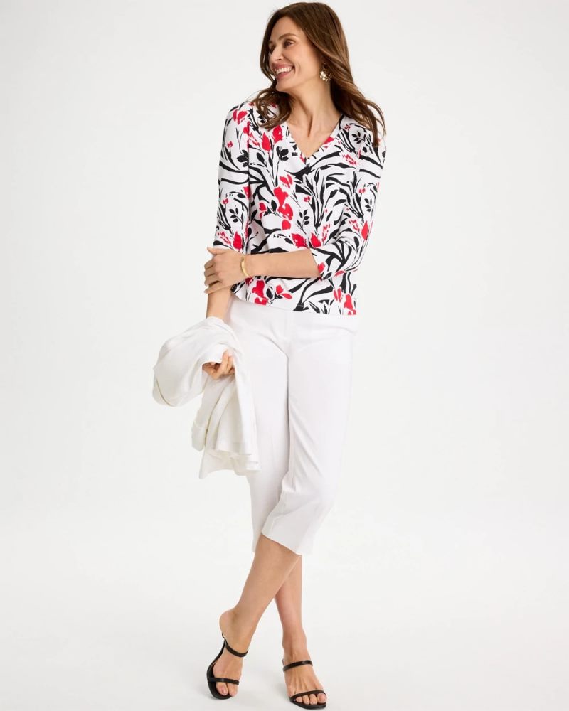 Chicos Cotton Stretch 3/4 Sleeve Floral Tee - BLACK