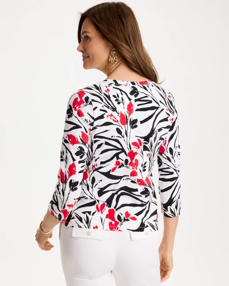 Chicos Cotton Stretch 3/4 Sleeve Floral Tee - BLACK