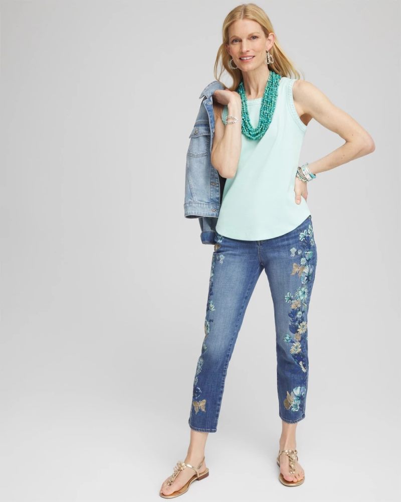 Chicos Ribbed Crochet-Trimmed Tank - TEAL WATERS