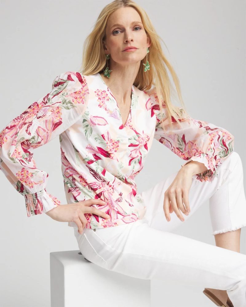 Chicos Pima Floral Smocked Long Sleeve Tee - ECRU
