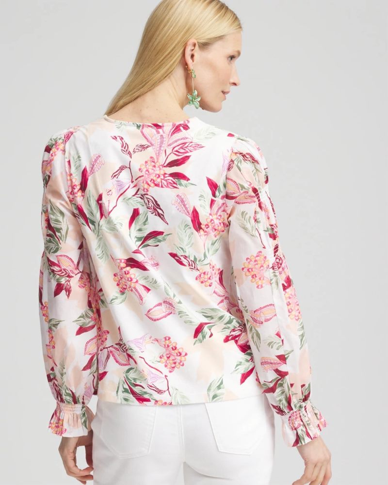 Chicos Pima Floral Smocked Long Sleeve Tee - ECRU
