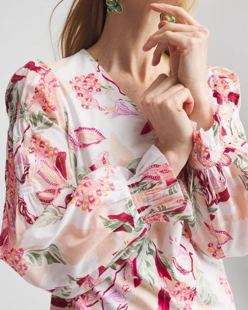 Chicos Pima Floral Smocked Long Sleeve Tee - ECRU