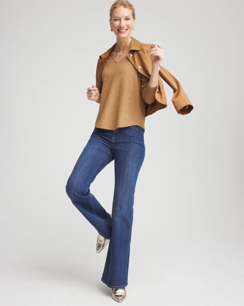 Chicos Ella V-Neck Embellished Pullover Sweater - FAUX CAMEL HEATHER