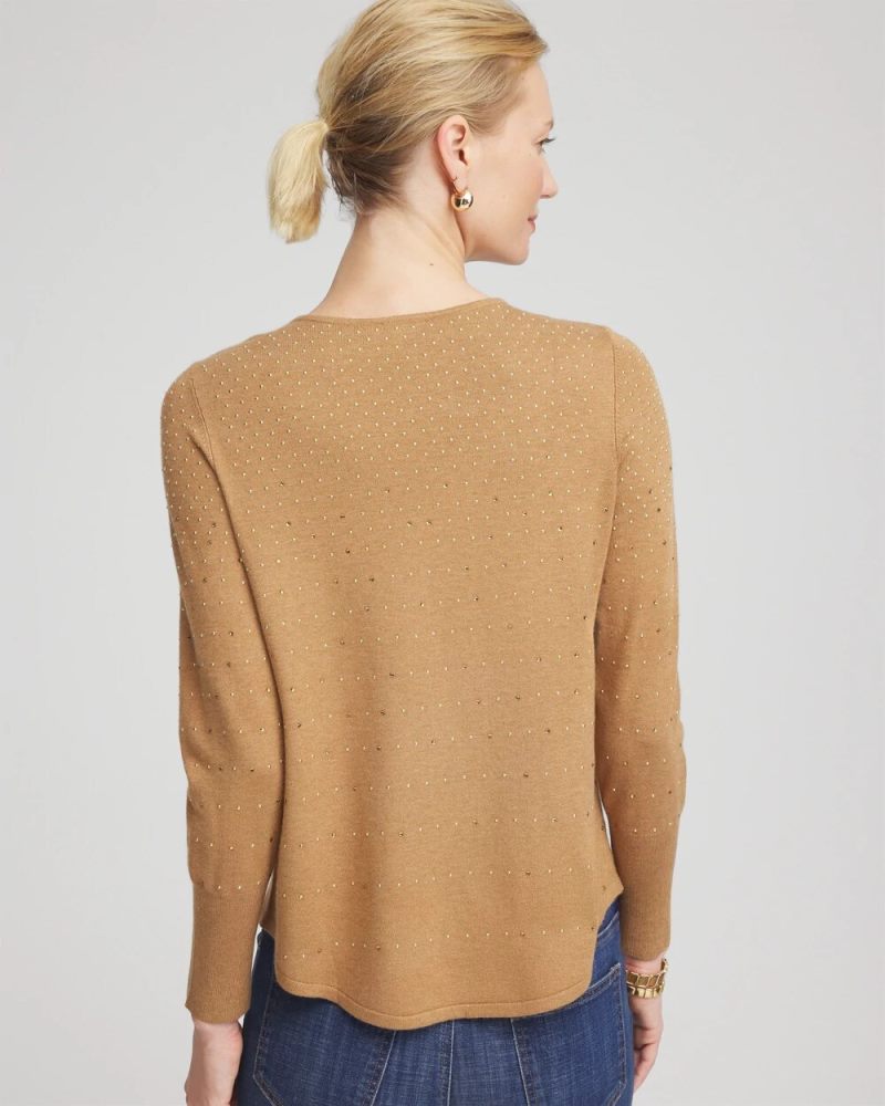 Chicos Ella V-Neck Embellished Pullover Sweater - FAUX CAMEL HEATHER