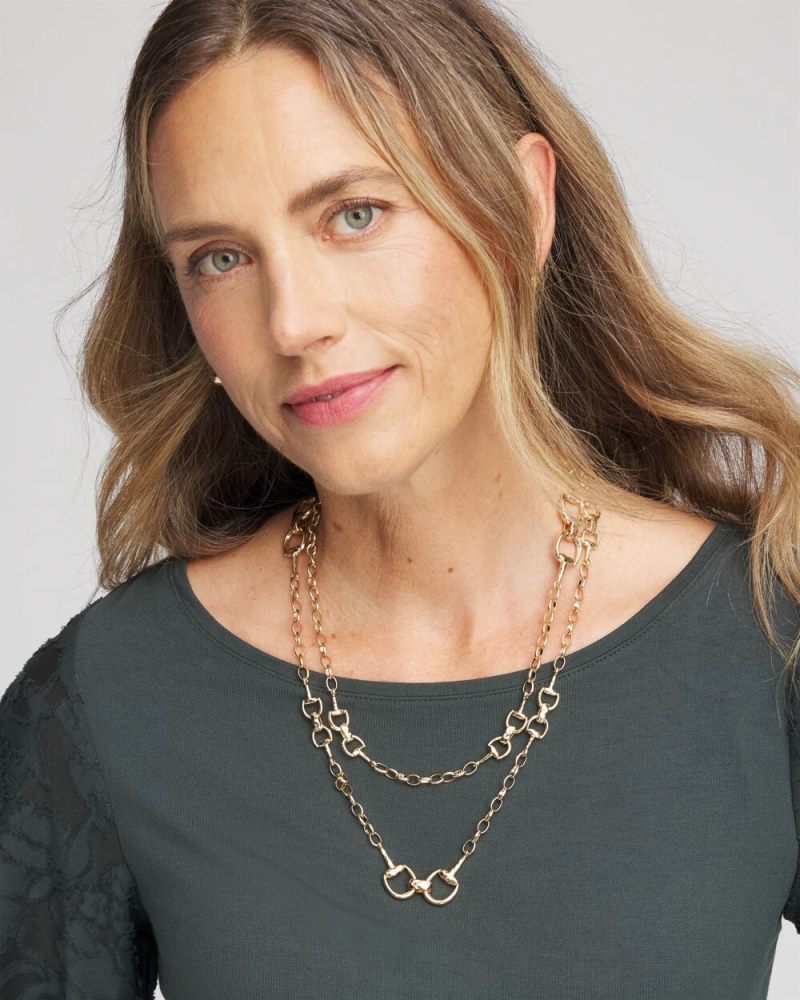 Chicos Equestrian Horsebit Long Link Necklace - GOLD